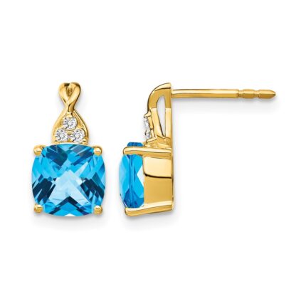 14k 7mm Cushion Checkerboard December/Blue Topaz and Diamond Post Earrings