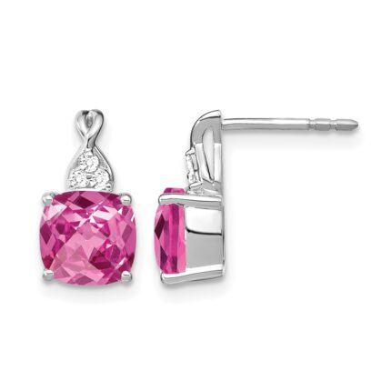 14k White Gold 7mm Cushion Checkerboard October/Lab Created Pink Sapphire and Diamond Post Earrings