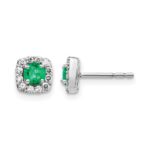 14k White Gold 3.7mm Round Emerald and Diamond Square Halo Post Earrings