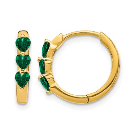 14k 3mm Heart Lab Created Emerald Polished Hinged Hoop Earrings