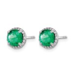 14k White Gold 6mm Round Emerald and Diamond Halo Post Earrings - Image 2