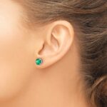 14k White Gold 6mm Round Emerald and Diamond Halo Post Earrings - Image 3