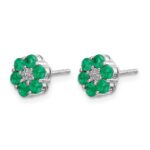 14k White Gold Polished Emerald and Diamond Floral Post Earrings - Image 2