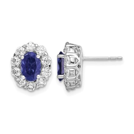 14k White Gold 1 1/5 carat Lab Grown Diamond VS/SI+ G+ and Oval Created Sapphire Halo Post Earrings