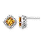 14k White Gold Square Citrine and Diamond Earrings