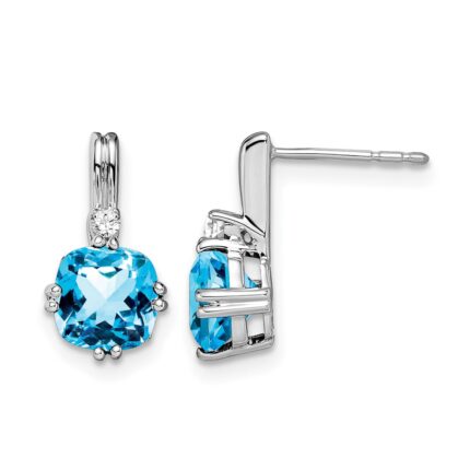 14k White Gold Cushion Blue Topaz and Diamond Earrings