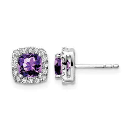 14k White Gold Cushion Amethyst and Diamond Halo Earrings