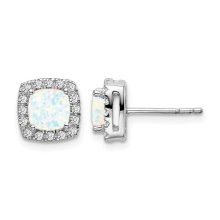 14k White Gold 5mm Cushion Lab Created Opal and Diamond Square Halo Post Earrings