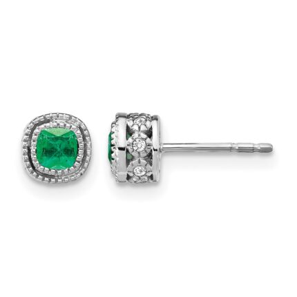 14k White Gold 3.4mm Cushion Emerald and Diamond Post Earrings