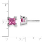 14k White Gold 5mm Princess Lab Created Pink Sapphire and Diamond Corners Post Earrings - Image 4