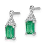 14k White Gold 6x4mm Emerald-cut Emerald and Diamond Post Earrings - Image 2