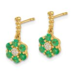 14k Polished Emerald and Diamond Floral Dangle Post Earrings - Image 2