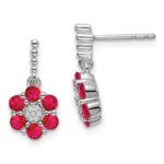 14kWhite Gold Polished Ruby and Diamond Floral Dangle Post Earrings