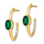 14k 7x5mm Oval Lab Created Emerald and Diamond J-Hoop Post Earrings - Image 2