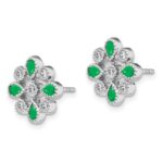 14k White Gold Emerald and Diamond Floral Post Earrings - Image 2