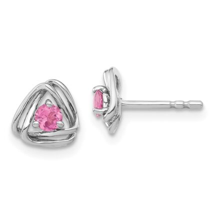 14k White Gold 3mm Round October/Pink Tourmaline Triangle Post Earrings