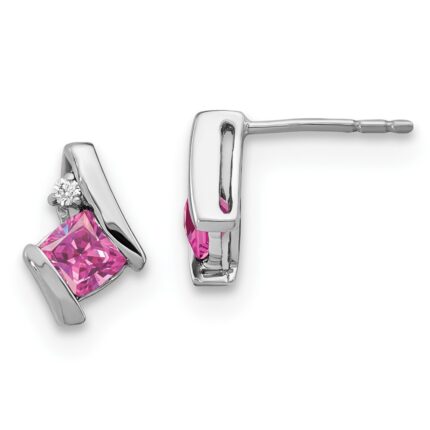 14k White Gold 4mm Cushion October/Lab Created Pink Sapphire and Diamond Post Earrings