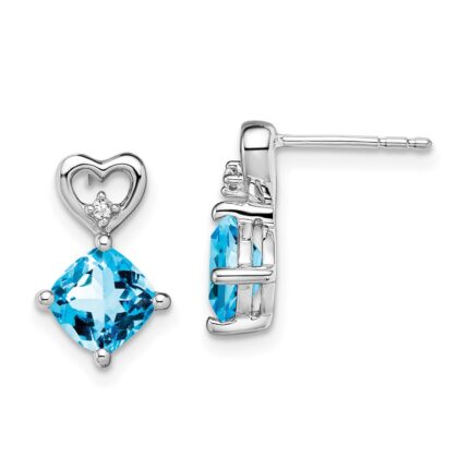 14k White Gold 6mm Cushion December/Blue Topaz and Diamond Heart Post Earrings