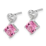 14k White Gold 6mm Cushion October/Lab Created Pink Sapphire and Diamond Heart Post Earrings - Image 2