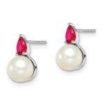 14k White Gold 6-7mm White Round Freshwater Cultured Pearl and .60RU Pear Ruby Post Earrings - Image 2