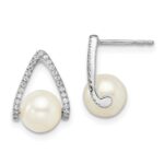 14k White Gold 6-7mm White Button Freshwater Cultured Pearl and .15 carat Diamond Post Earrings