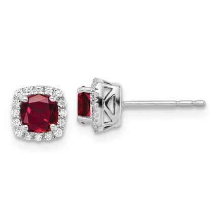 14k White Gold 1/10 carat Lab Grown Diamond VS/SI+ G+ and Created Ruby Complete Square Halo Post Earrings