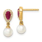 14K White Round Freshwater Cultured Pearl/.09 carat Diamond/Pear Ruby Dangle Post Earrings