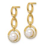 14K Polished 1/10 carat Diamond and White Freshwater Cultured Pearl Open Circle Dangle Post Earrings - Image 2