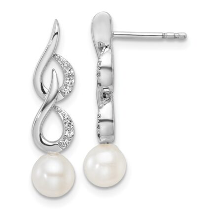 14K White Gold Polished 1/15 carat Diamond and White Freshwater Cultured Pearl Drop Post Earrings