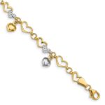 14K and White Rhodium Polished Dangles and Diamond-cut Heart Links 7.25 inch Bracelet