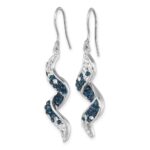 Sterling Silver Rhodium-Plated Polished Long Twirl White and Blue Crystal Wave Dangle Earrings - Image 2