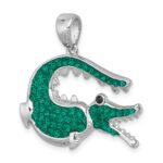 Sterling Silver Rhodium-plated Polished Green Crystal Alligator Pendant - Image 4