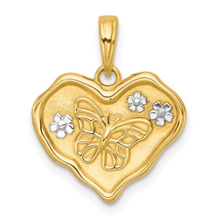 14k with White Rhodium Polished And Brushed Butterfly and Flowers In Wavy Heart Pendant