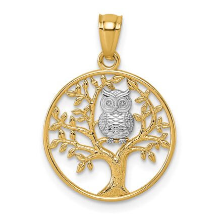 14k and White Rhodium Textured Owl Sitting In Tree In Circle Pendant