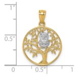 14k and White Rhodium Textured Owl Sitting In Tree In Circle Pendant - Image 4