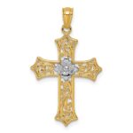 14k and Rhodium Polished Center Flower Filigree Cross Pendant