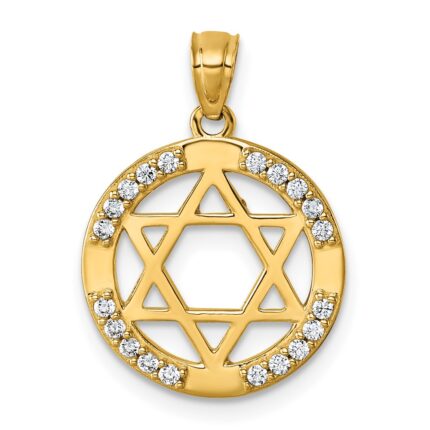 14k Polished CZ Star of David in Circle Pendant
