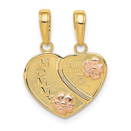 14k Two-tone with Flowers MOMMY-ME 2-Piece Break-apart Heart Pendant