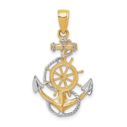 14K and White Rhodium Anchor with Rope and Ships Wheel Pendant