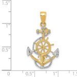 14K and White Rhodium Anchor with Rope and Ships Wheel Pendant - Image 4