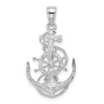 14K White Gold Medium Anchor with Rope and Ships Wheel Pendant - Image 3