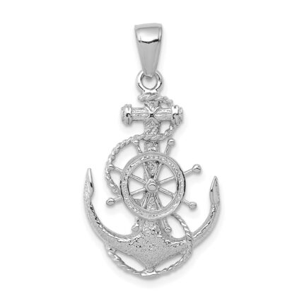 14K White Gold Medium Anchor with Rope and Ships Wheel Pendant