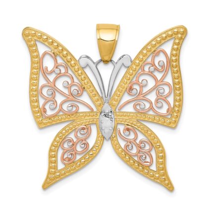 14k Two-tone with White Rhodium Diamond-cut Butterfly Pendant