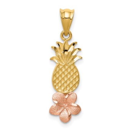 14K Yellow and Rose Gold Pineapple with Plumeria Flower Pendant