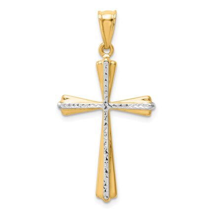 14k and White Rhodium Diamond Cut Cross Pendant