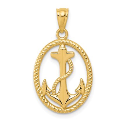 14k Gold Polished Anchor with Rope Oval Pendant