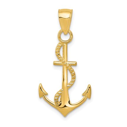 14K Gold Polished Anchor with Rope Pendant