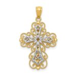 14K Two-tone Polished 2-Level Filigree Cross Pendant