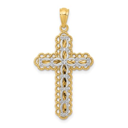 14K Two-tone Polished 2-Level Filigree Cross Pendant
