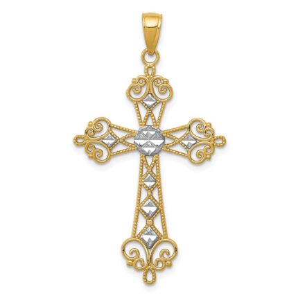 14K and White Rhodium Polished Diamond-Cut Cut-Out Cross Pendant